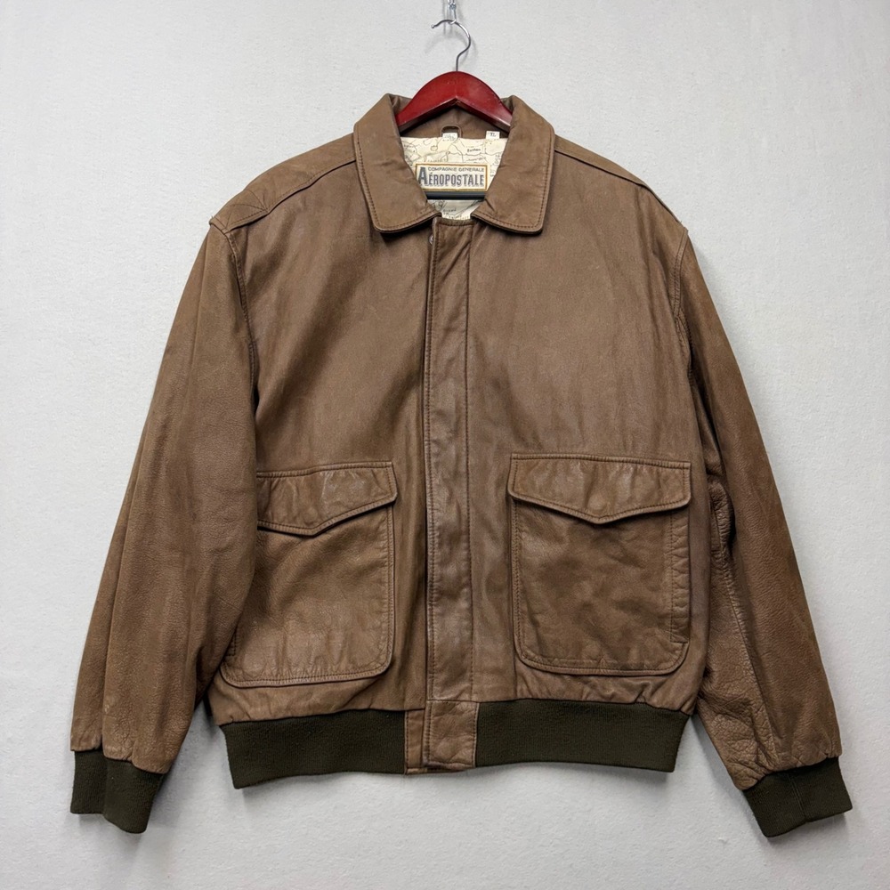 Aeropostale Leather Bomber Jacket Mens XL Brown Vintage 90s A-2 Flight Map Liner